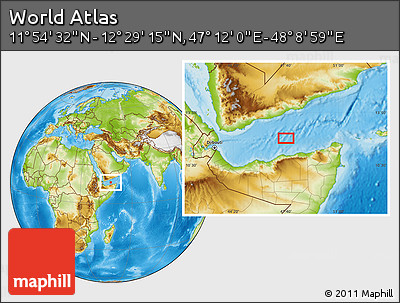 Physical Location Map of the Area around 12° 11' 54" N, 47° 40' 29" E