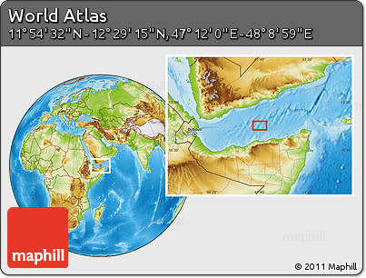 Physical Location Map of the Area around 12° 11' 54" N, 47° 40' 29" E