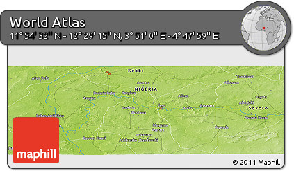 Physical Panoramic Map of the Area around 12° 11' 54" N, 4° 19' 30" E