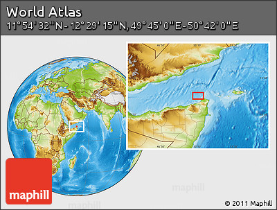 Physical Location Map of the Area around 12° 11' 54" N, 50° 13' 30" E