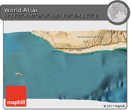 Satellite 3D Map of the Area around 12° 11' 54" N, 53° 37' 30" E