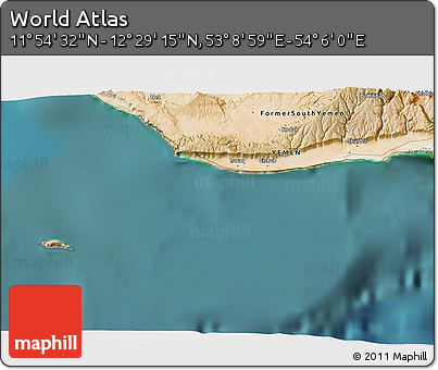 Satellite 3D Map of the Area around 12° 11' 54" N, 53° 37' 30" E