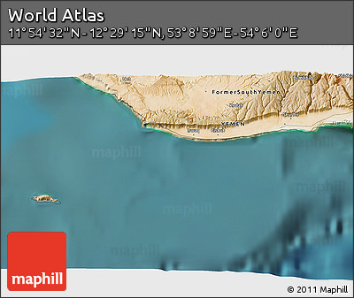 Satellite 3D Map of the Area around 12° 11' 54" N, 53° 37' 30" E