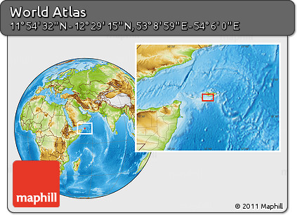 Physical Location Map of the Area around 12° 11' 54" N, 53° 37' 30" E