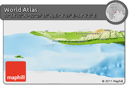 Physical Panoramic Map of the Area around 12° 11' 54" N, 53° 37' 30" E