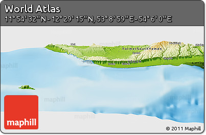 Physical Panoramic Map of the Area around 12° 11' 54" N, 53° 37' 30" E