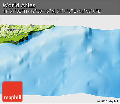 Physical 3D Map of the Area around 12° 11' 54" N, 54° 28' 30" E