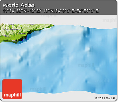 Physical 3D Map of the Area around 12° 11' 54" N, 54° 28' 30" E