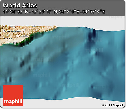 Satellite 3D Map of the Area around 12° 11' 54" N, 54° 28' 30" E