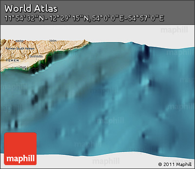 Satellite 3D Map of the Area around 12° 11' 54" N, 54° 28' 30" E