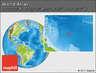 Physical Location Map of the Area around 12° 11' 54" N, 55° 10' 29" W