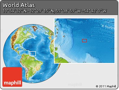 Physical Location Map of the Area around 12° 11' 54" N, 55° 10' 29" W