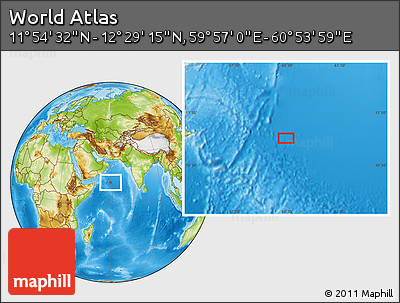 Physical Location Map of the Area around 12° 11' 54" N, 60° 25' 29" E
