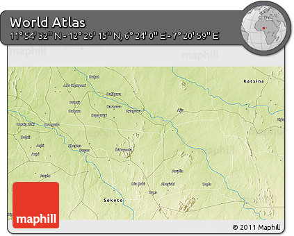 Physical 3D Map of the Area around 12° 11' 54" N, 6° 52' 30" E