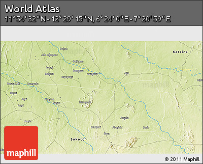 Physical 3D Map of the Area around 12° 11' 54" N, 6° 52' 30" E