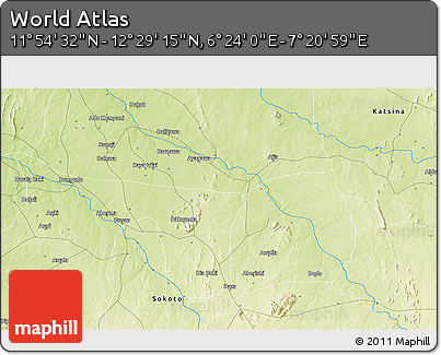 Physical 3D Map of the Area around 12° 11' 54" N, 6° 52' 30" E