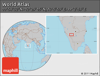 Gray Location Map of the Area around 12° 11' 54" N, 76° 34' 29" E