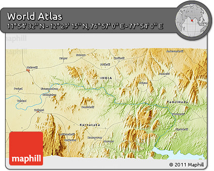 Physical 3D Map of the Area around 12° 11' 54" N, 77° 25' 30" E