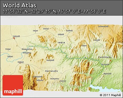 Physical 3D Map of the Area around 12° 11' 54" N, 77° 25' 30" E