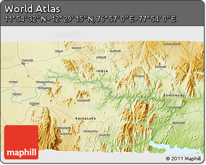 Physical 3D Map of the Area around 12° 11' 54" N, 77° 25' 30" E