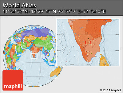 Political Location Map of the Area around 12° 11' 54" N, 77° 25' 30" E