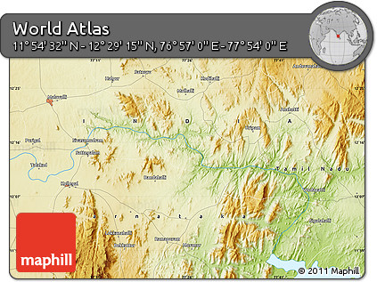 Physical Map of the Area around 12° 11' 54" N, 77° 25' 30" E