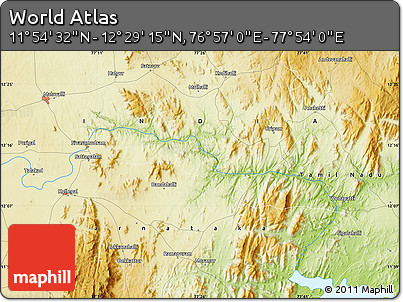 Physical Map of the Area around 12° 11' 54" N, 77° 25' 30" E