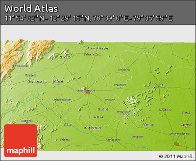 Physical 3D Map of the Area around 12° 11' 54" N, 79° 7' 30" E