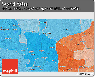 Political 3D Map of the Area around 12° 11' 54" N, 7° 43' 29" E
