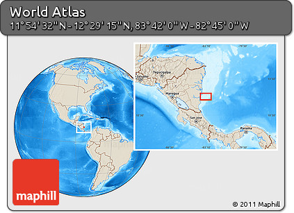 Shaded Relief Location Map of the Area around 12° 11' 54" N, 83° 13' 29" W