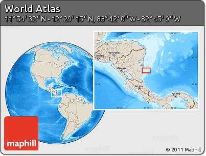 Shaded Relief Location Map of the Area around 12° 11' 54" N, 83° 13' 29" W