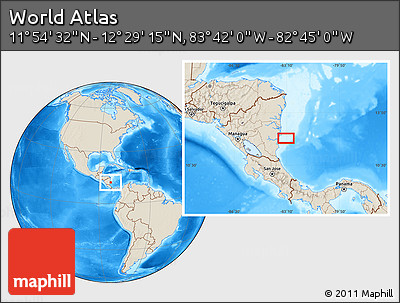 Shaded Relief Location Map of the Area around 12° 11' 54" N, 83° 13' 29" W