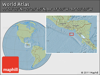 Savanna Style Location Map of the Area around 12° 11' 54" N, 88° 19' 29" W, hill shading