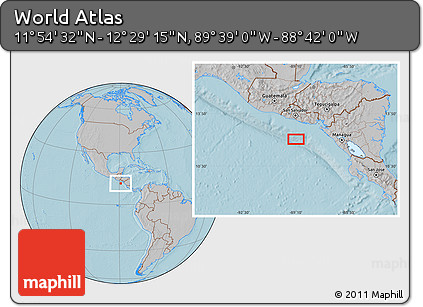 Gray Location Map of the Area around 12° 11' 54" N, 89° 10' 30" W, hill shading
