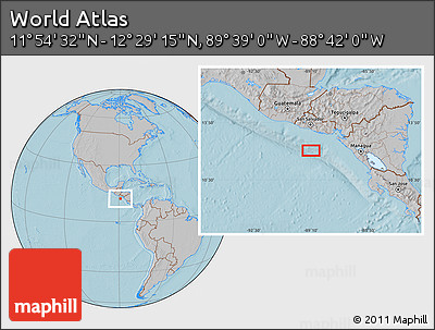 Gray Location Map of the Area around 12° 11' 54" N, 89° 10' 30" W, hill shading