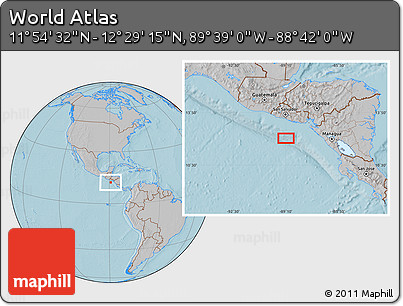 Gray Location Map of the Area around 12° 11' 54" N, 89° 10' 30" W, hill shading