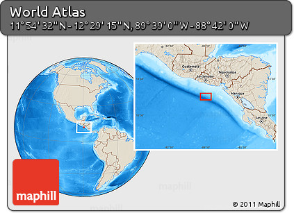 Shaded Relief Location Map of the Area around 12° 11' 54" N, 89° 10' 30" W