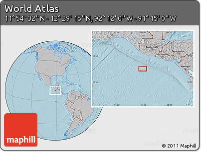 Gray Location Map of the Area around 12° 11' 54" N, 91° 43' 29" W, hill shading
