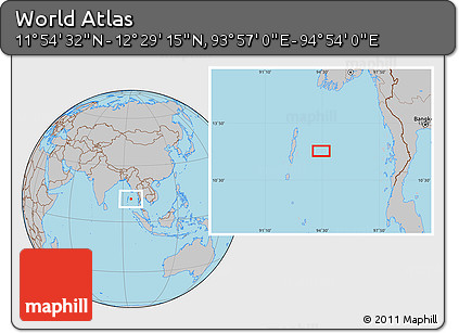 Gray Location Map of the Area around 12° 11' 54" N, 94° 25' 30" E