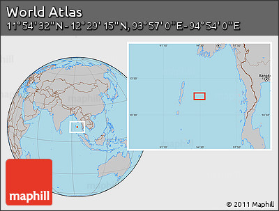 Gray Location Map of the Area around 12° 11' 54" N, 94° 25' 30" E