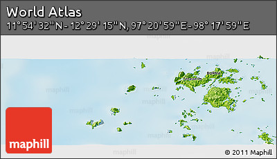 Physical Panoramic Map of the Area around 12° 11' 54" N, 97° 49' 29" E