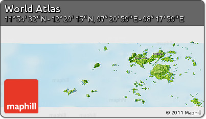 Physical Panoramic Map of the Area around 12° 11' 54" N, 97° 49' 29" E