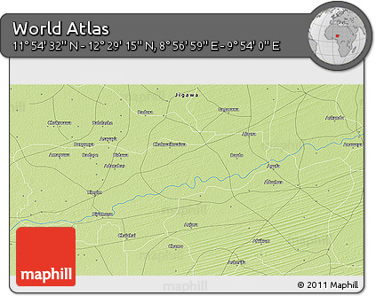 Physical 3D Map of the Area around 12° 11' 54" N, 9° 25' 30" E