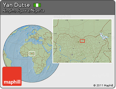 Savanna Style Location Map of Yan Dutse, hill shading