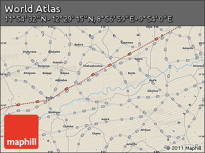 Shaded Relief Map of the Area around 12° 11' 54" N, 9° 25' 30" E