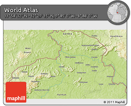 Physical 3D Map of the Area around 12° 11' 54" N, 9° 16' 30" W