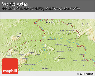 Physical 3D Map of the Area around 12° 11' 54" N, 9° 16' 30" W