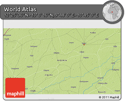 Physical 3D Map of the Area around 12° 42' 56" N, 10° 16' 30" E