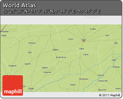 Physical 3D Map of the Area around 12° 42' 56" N, 10° 16' 30" E