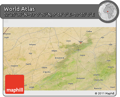 Satellite 3D Map of the Area around 12° 42' 56" N, 10° 16' 30" E